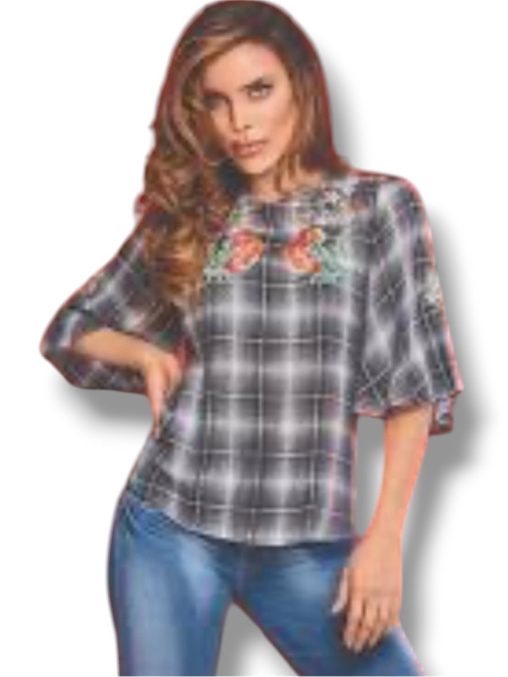 THML Anthropologie plaid pattern floral embroidered short butterfly sleeves top
